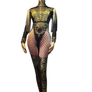 Sparkly Diamond Gold Sequin With Tassels  Jumpsuit (One-Size)