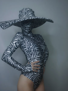 Zebra Pattern Stretch Skinny Bodysuit With Wide Hat Available in Green/Black and Silver/Black (One Size)