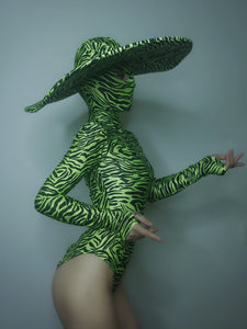 Zebra Pattern Stretch Skinny Bodysuit With Wide Hat Available in Green/Black and Silver/Black (One Size)