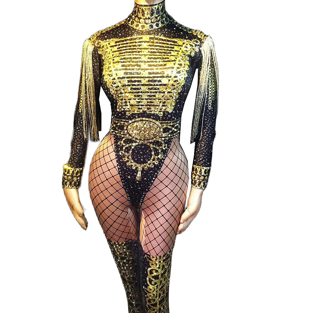 Sparkly Diamond Gold Sequin With Tassels  Jumpsuit (One-Size)