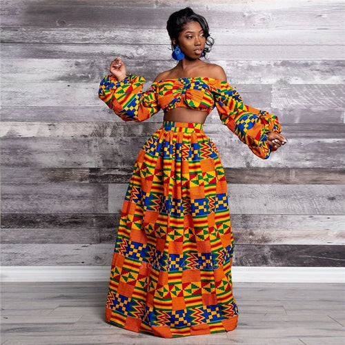 Afrocentric Two Piece Sleeveless Blouse +High Slit Maxi Skirt (Size S-XL)