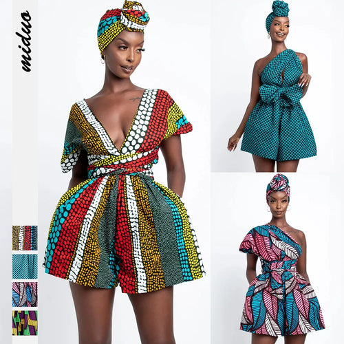Afrocentric High Waist Deep V Neck Printed African Romper  (Multiple Prints Available/Size S-XL)