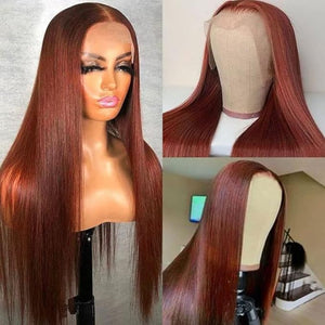 Ginger Lace Front Human Hair Wig Glueless Pre Plucked (22 Inch, Reddish Brown)