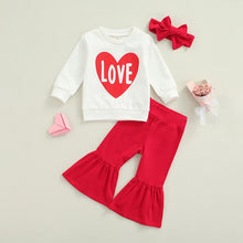 Load image into Gallery viewer, Kiddos LOVE LETTERS 3-Piece Set (Includes: Pullover Sweatshirt, High Bell Bottomed Pants and Headband)