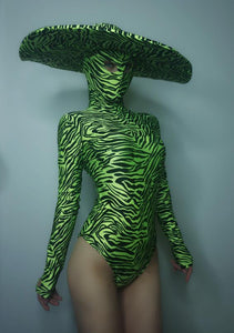 Zebra Pattern Stretch Skinny Bodysuit With Wide Hat Available in Green/Black and Silver/Black (One Size)