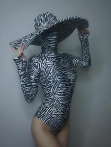 Zebra Pattern Stretch Skinny Bodysuit With Wide Hat Available in Green/Black and Silver/Black (One Size)