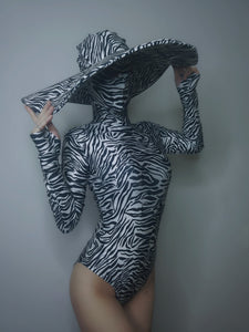 Zebra Pattern Stretch Skinny Bodysuit With Wide Hat Available in Green/Black and Silver/Black (One Size)