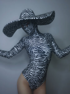 Zebra Pattern Stretch Skinny Bodysuit With Wide Hat Available in Green/Black and Silver/Black (One Size)