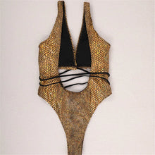 Load image into Gallery viewer, Sexy Gold Snake Print Shiny Swimwear Cut Out Monokini One Piece Swimsuits Women 2024 String Cross Bathing Swimming Suit Bodysuit