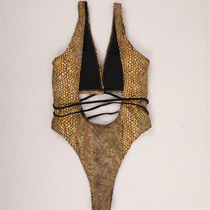 Sexy Gold Snake Print Shiny Swimwear Cut Out Monokini One Piece Swimsuits Women 2024 String Cross Bathing Swimming Suit Bodysuit