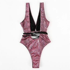 Sexy Gold Snake Print Shiny Swimwear Cut Out Monokini One Piece Swimsuits Women 2024 String Cross Bathing Swimming Suit Bodysuit