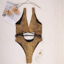 Load image into Gallery viewer, Sexy Gold Snake Print Shiny Swimwear Cut Out Monokini One Piece Swimsuits Women 2024 String Cross Bathing Swimming Suit Bodysuit