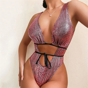 Sexy Gold Snake Print Shiny Swimwear Cut Out Monokini One Piece Swimsuits Women 2024 String Cross Bathing Swimming Suit Bodysuit